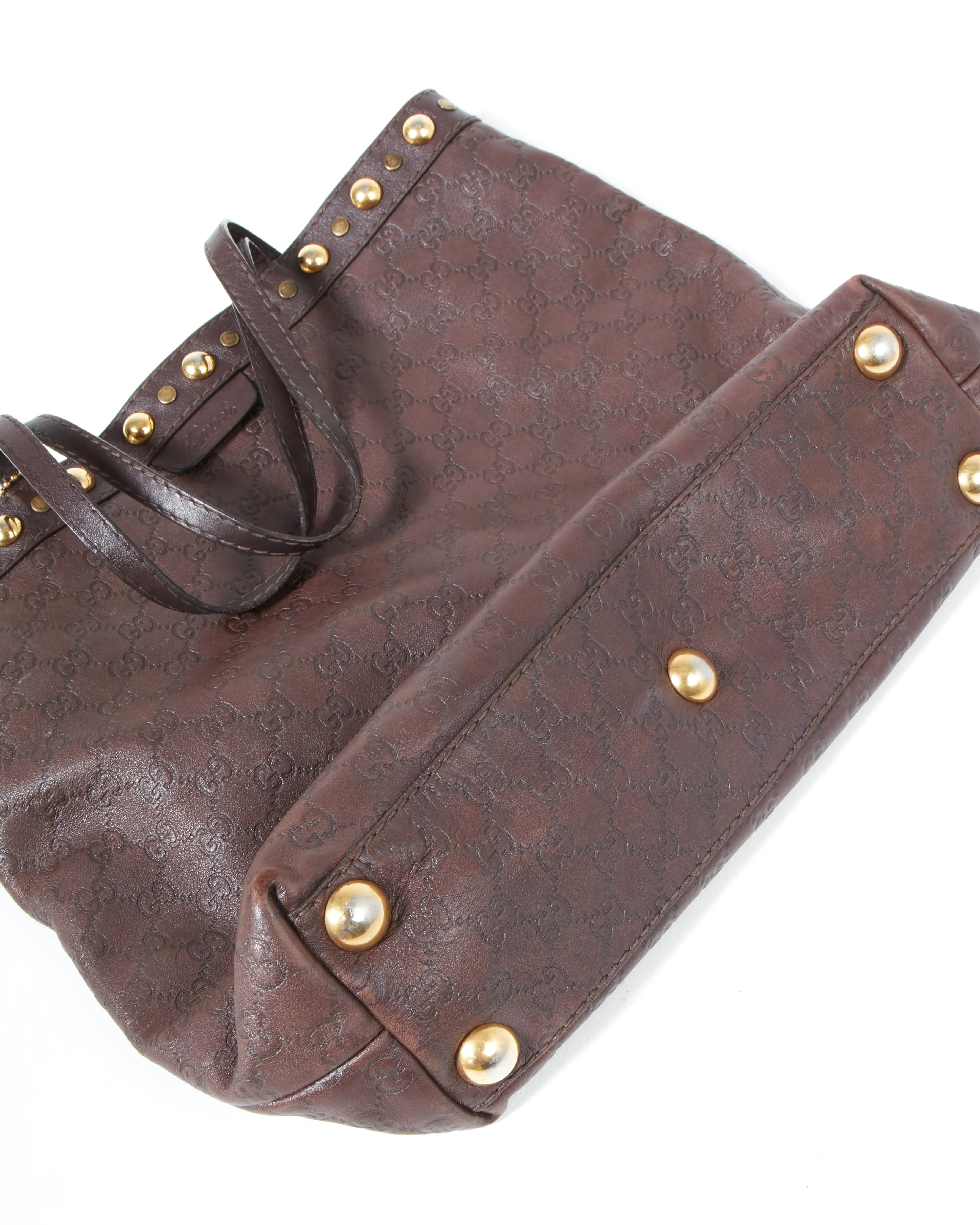 Gucci Brown Leather Signature G Leather Studded Tote Bag