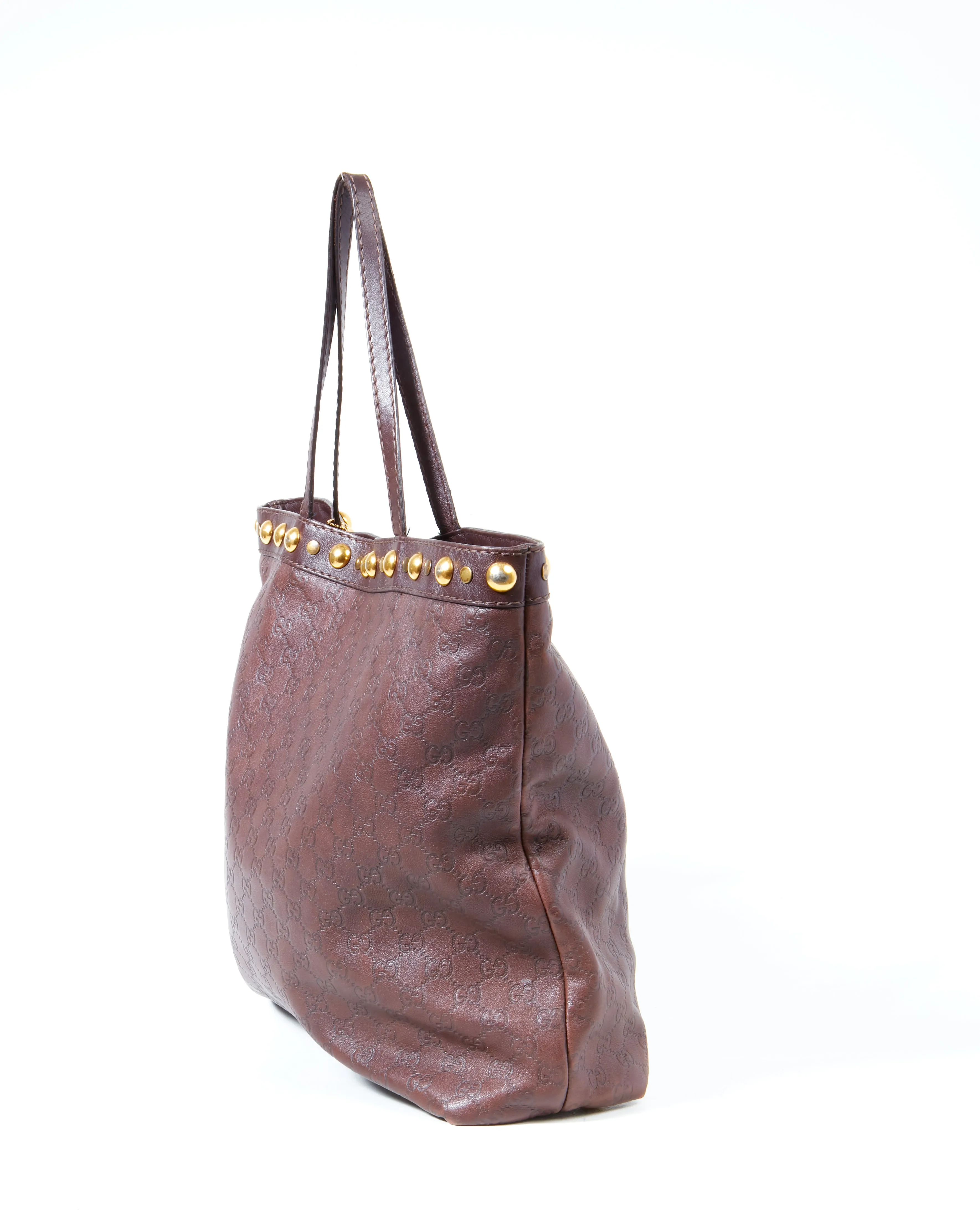 Gucci Brown Leather Signature G Leather Studded Tote Bag