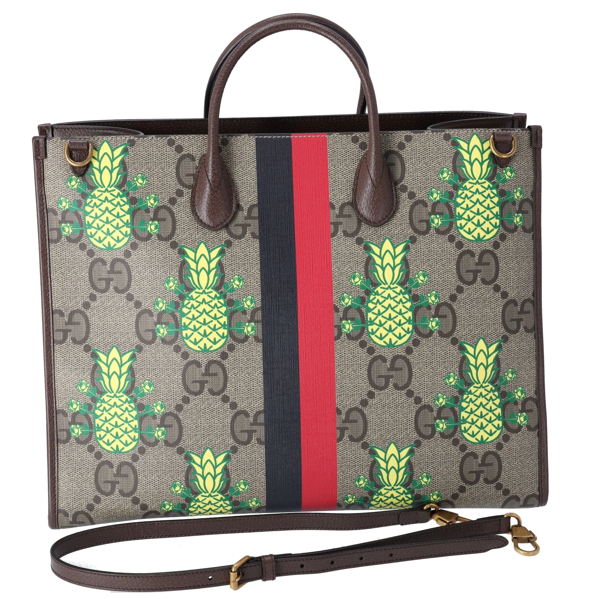 GUCCI Pineapple Tote Bag 659980 Brown Yellow Multi PVC Leather
