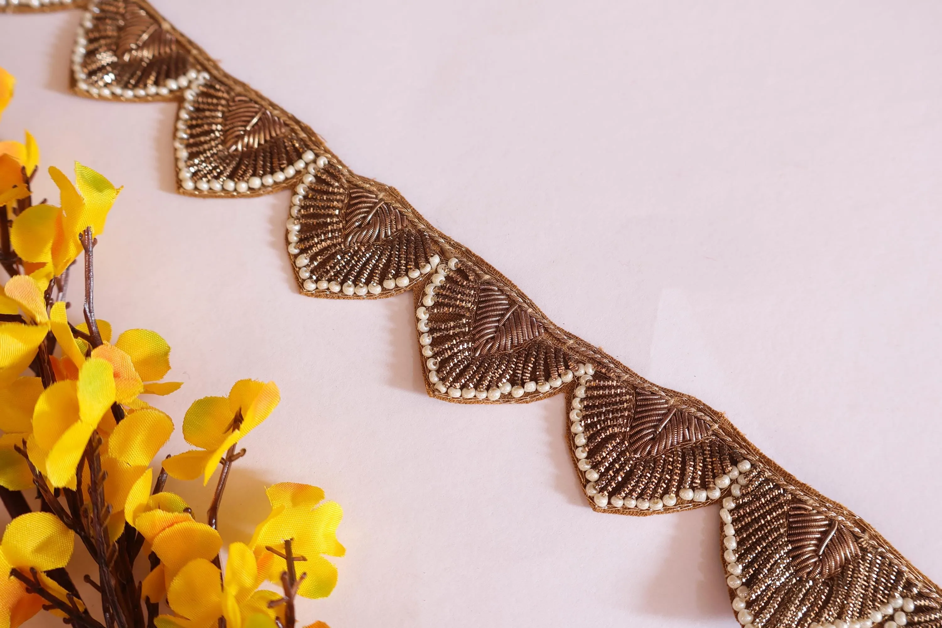 Handmade Antique Gold Embroidered Trim Vine Lace - 1 Yard