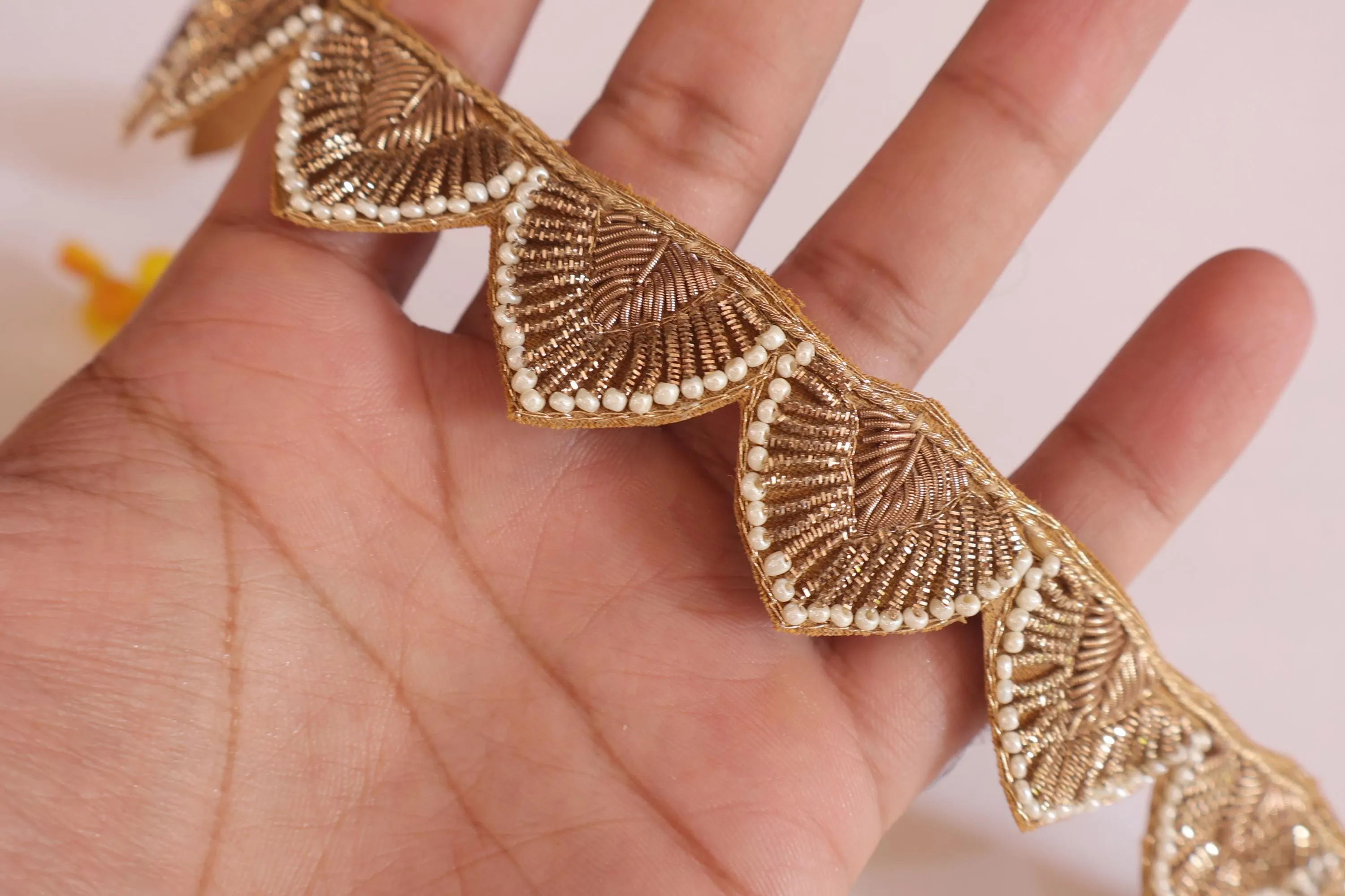 Handmade Antique Gold Embroidered Trim Vine Lace - 1 Yard
