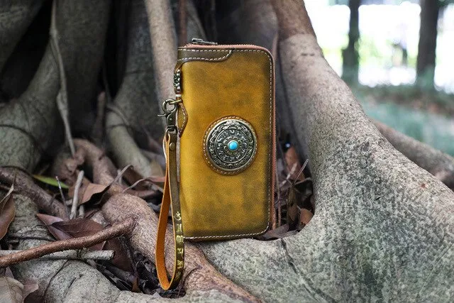Handmade Women Manual Dyeing Wallets Purses Men Clutch Vegetable Tanned Leather Wallet Parts that can be rotated