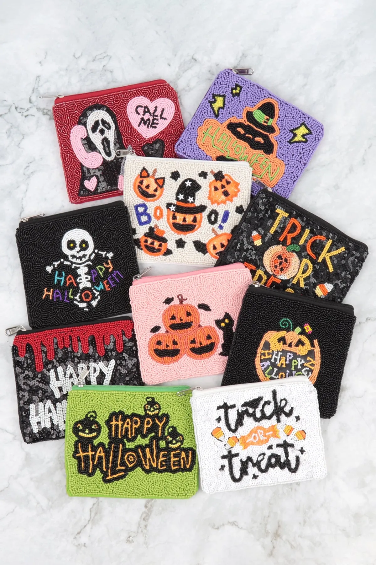 HAPPY HALLOWEEN SKULL SEED BEADS COIN POUCH