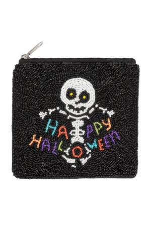 HAPPY HALLOWEEN SKULL SEED BEADS COIN POUCH