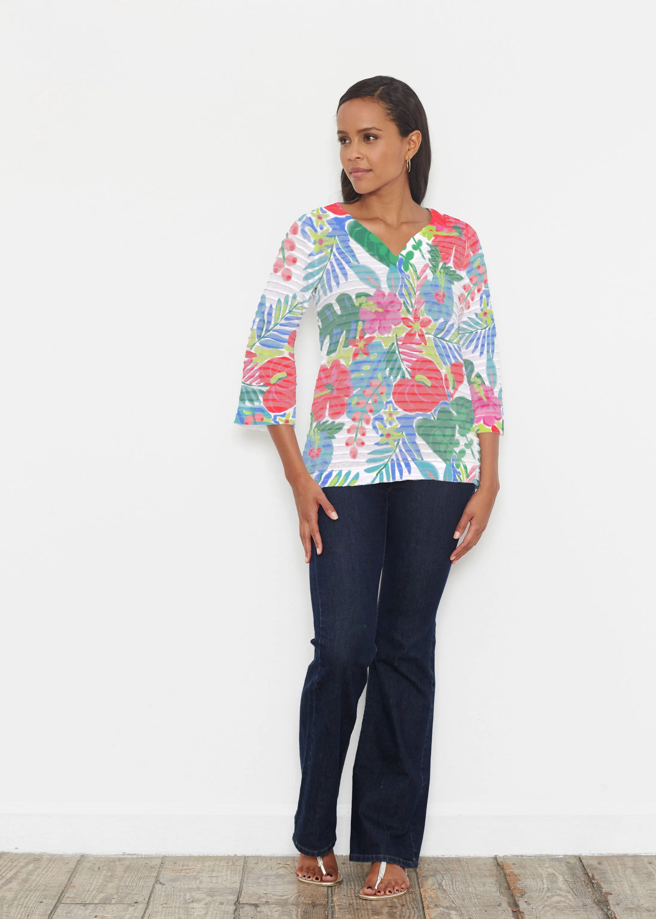 Hawaiian Fling (22141) ~ Banded 3/4 Bell-Sleeve V-Neck Tunic