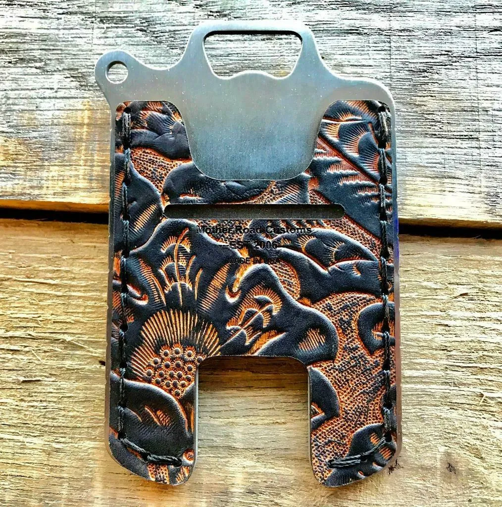 Hawk One Minimalist Men's Women's Ant Brn Tooled Leather Stainless Steel Wallet