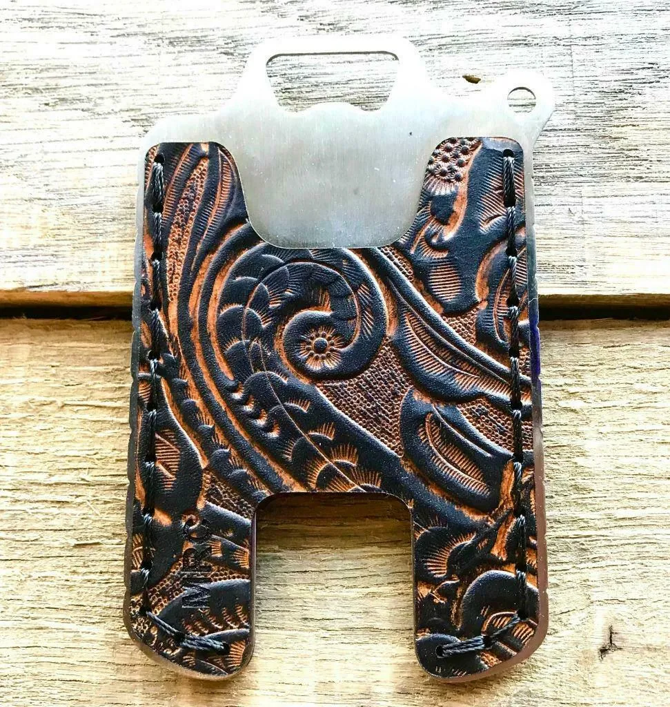 Hawk One Minimalist Men's Women's Ant Brn Tooled Leather Stainless Steel Wallet