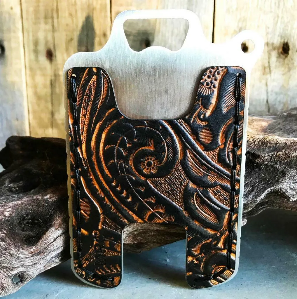 Hawk One Minimalist Men's Women's Ant Brn Tooled Leather Stainless Steel Wallet