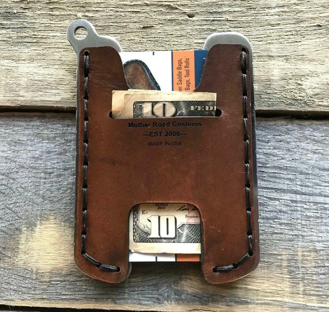 Hawk One Minimalist Men's Women's Ant Brn Tooled Leather Stainless Steel Wallet