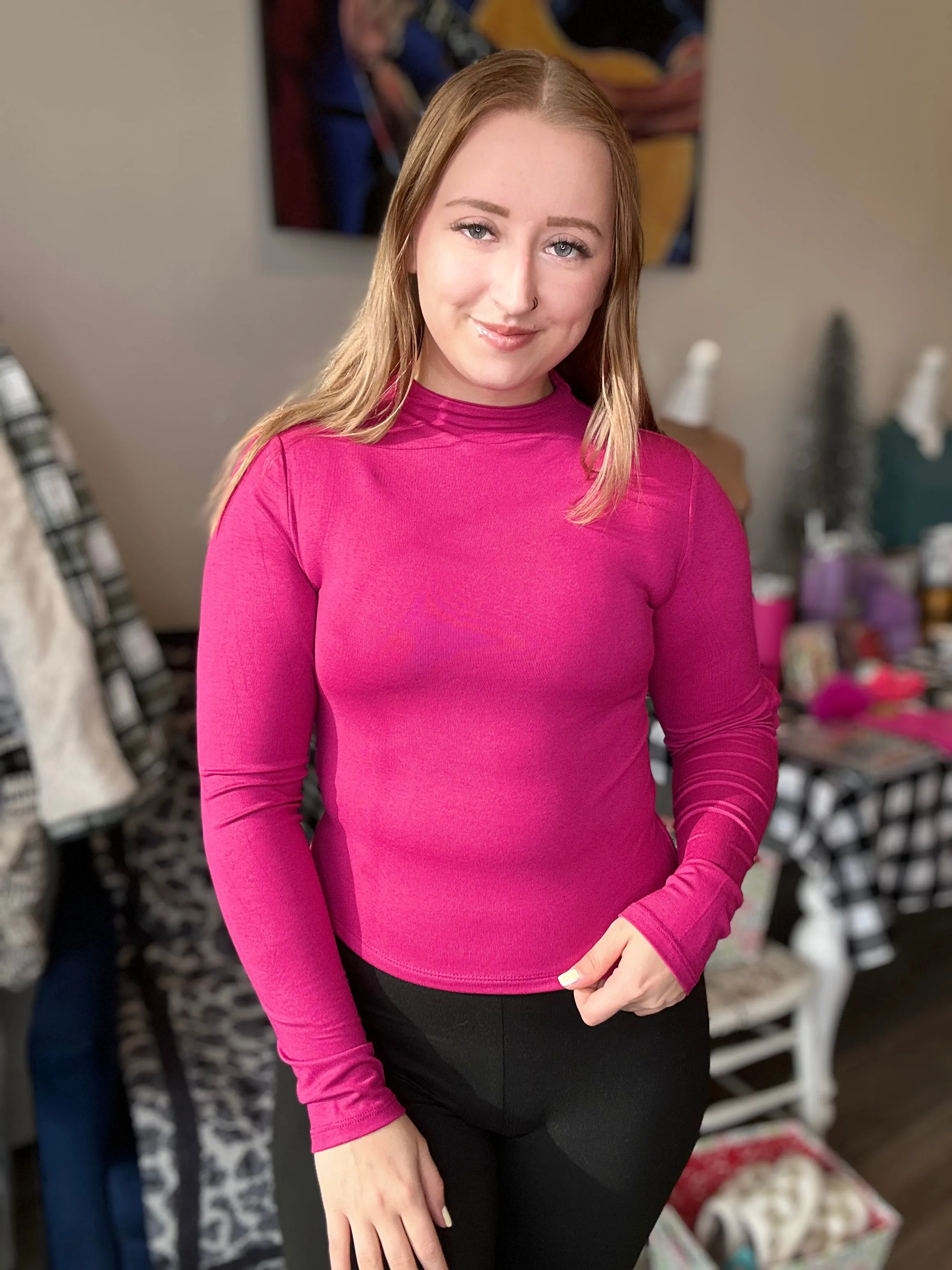 Hot Pink High Neck Long Sleeve Top
