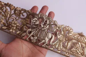 Indian Wedding Story Golden Zari Embroidered Lace Trim, Exquisite New Baraat Fabric Border, Sari Lehenga Lace, Boho Trim, 8.5 Cm Wide