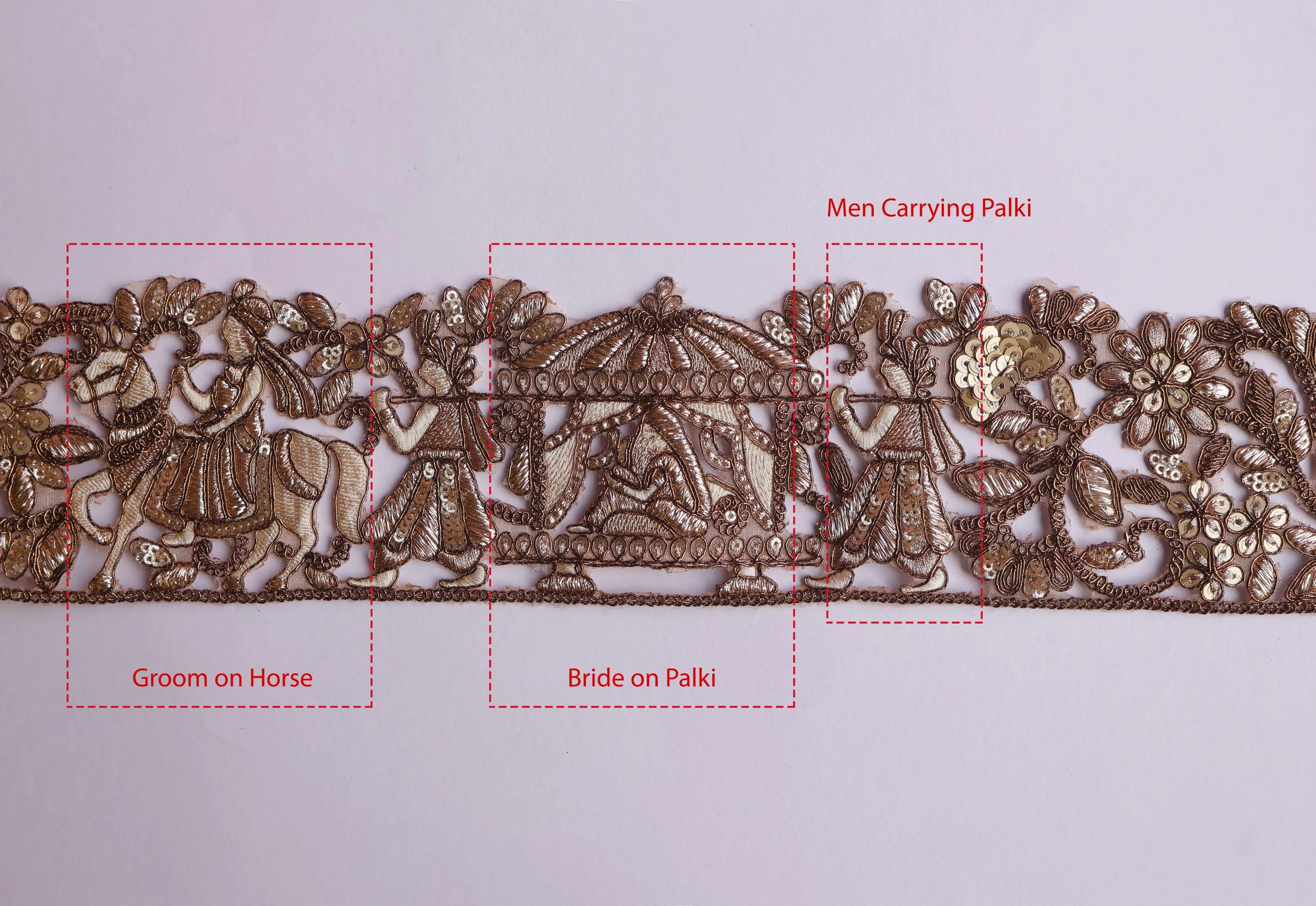 Indian Wedding Story Golden Zari Embroidered Lace Trim, Exquisite New Baraat Fabric Border, Sari Lehenga Lace, Boho Trim, 8.5 Cm Wide