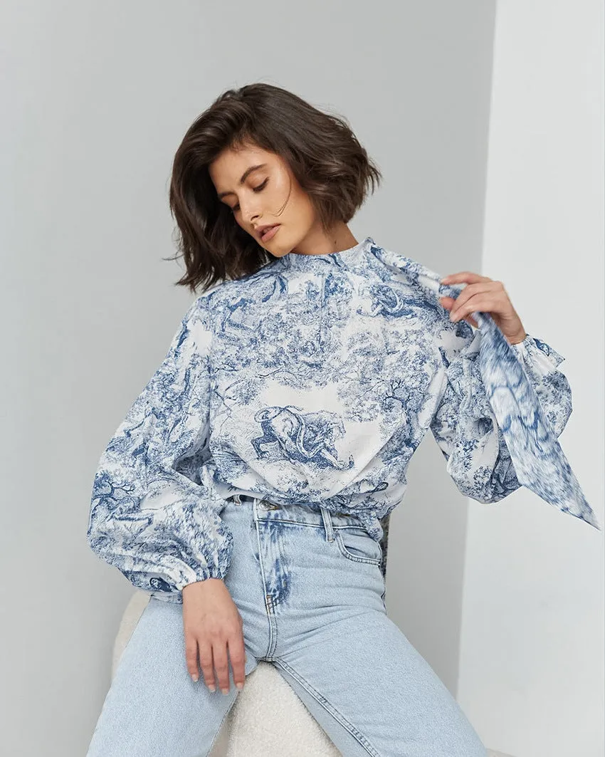 Ink Painting Shirt Design Print Lantern Sleeve Stand Collar Top