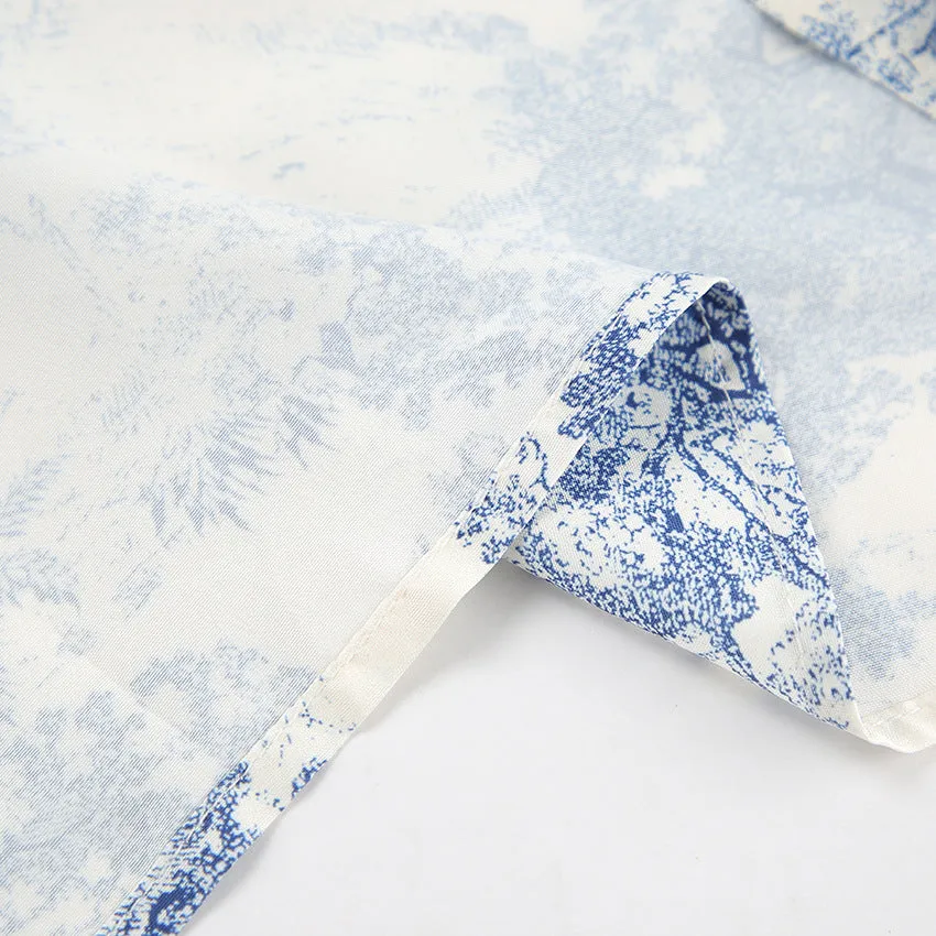 Ink Painting Shirt Design Print Lantern Sleeve Stand Collar Top