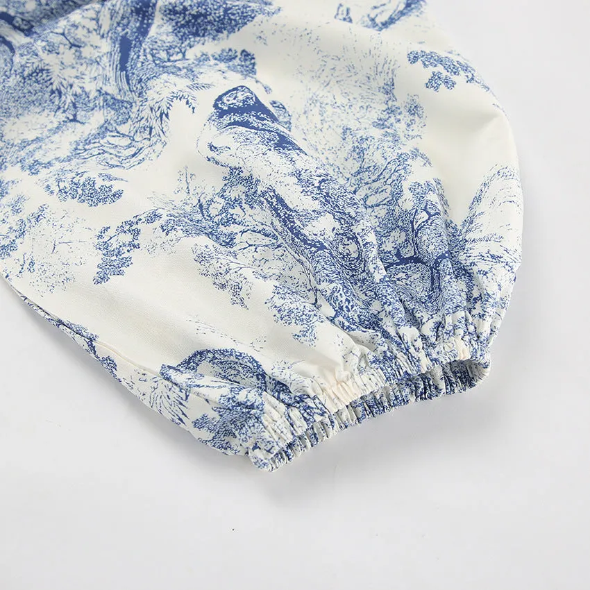 Ink Painting Shirt Design Print Lantern Sleeve Stand Collar Top
