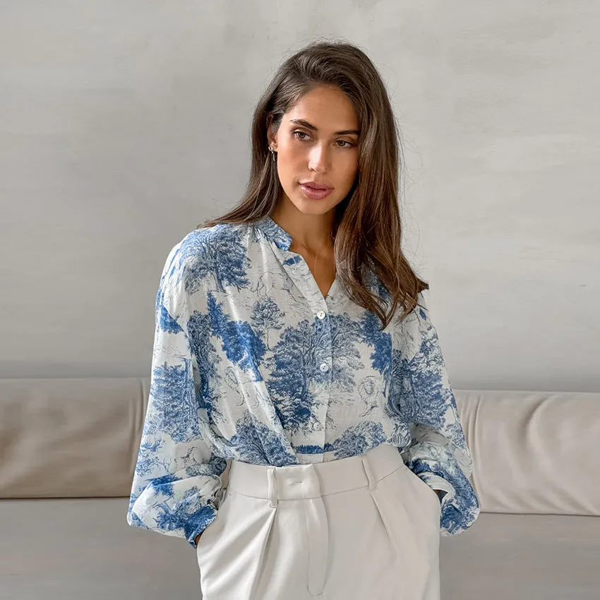 Ink Painting Shirt Design Print Lantern Sleeve Stand Collar Top