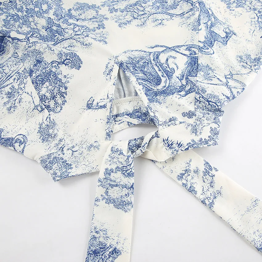 Ink Painting Shirt Design Print Lantern Sleeve Stand Collar Top