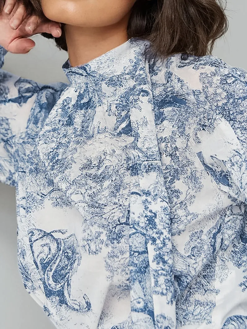 Ink Painting Shirt Design Print Lantern Sleeve Stand Collar Top