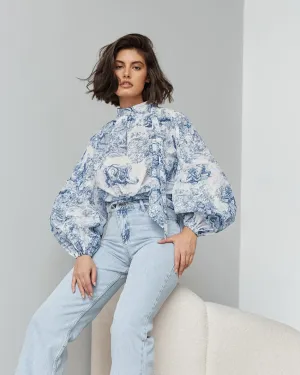 Ink Painting Shirt Design Print Lantern Sleeve Stand Collar Top