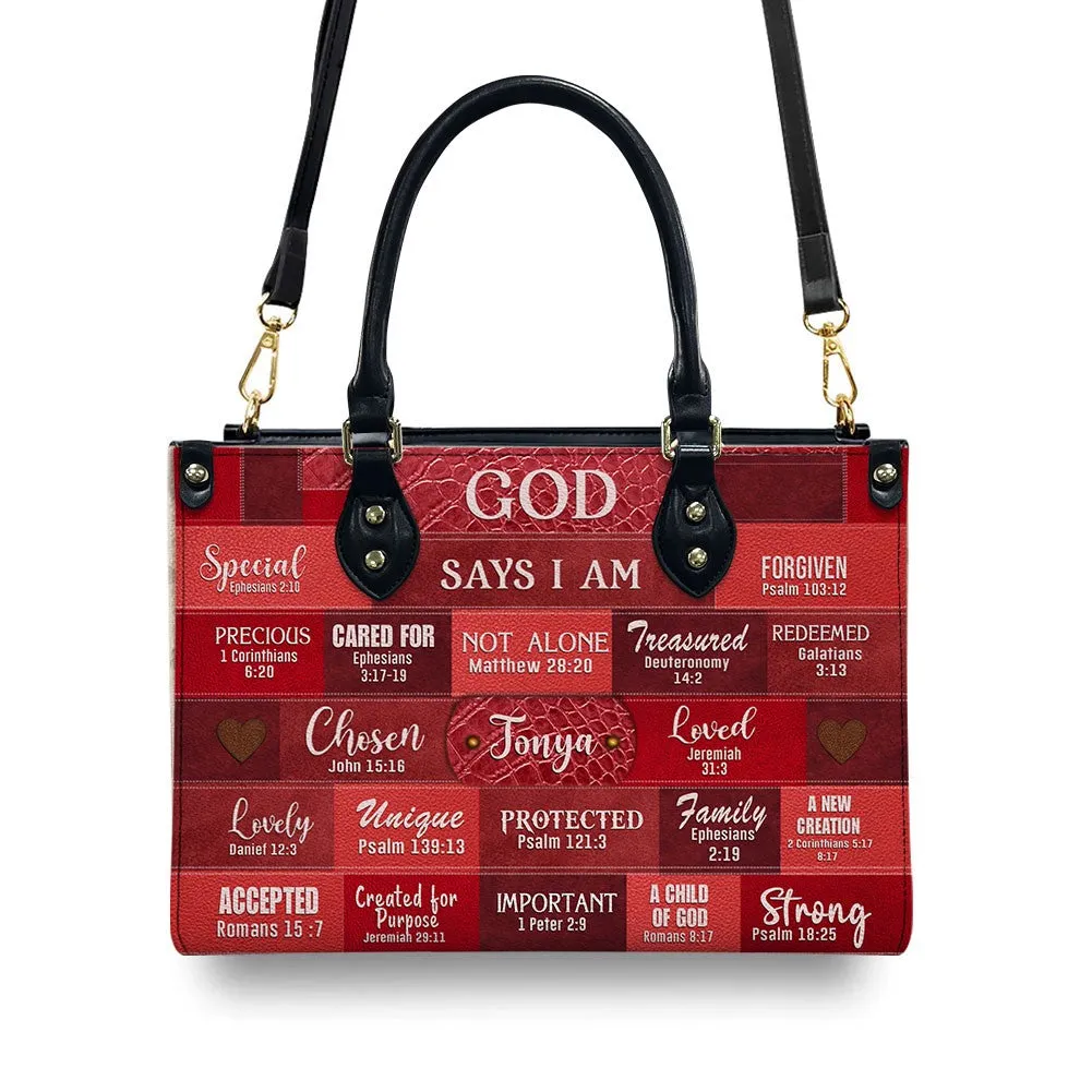 Inspirational Scripture Leather Handbag - Custom Name CHRISTIANARTBAG Tote - GOD Says I Am Red Leather Handbag.