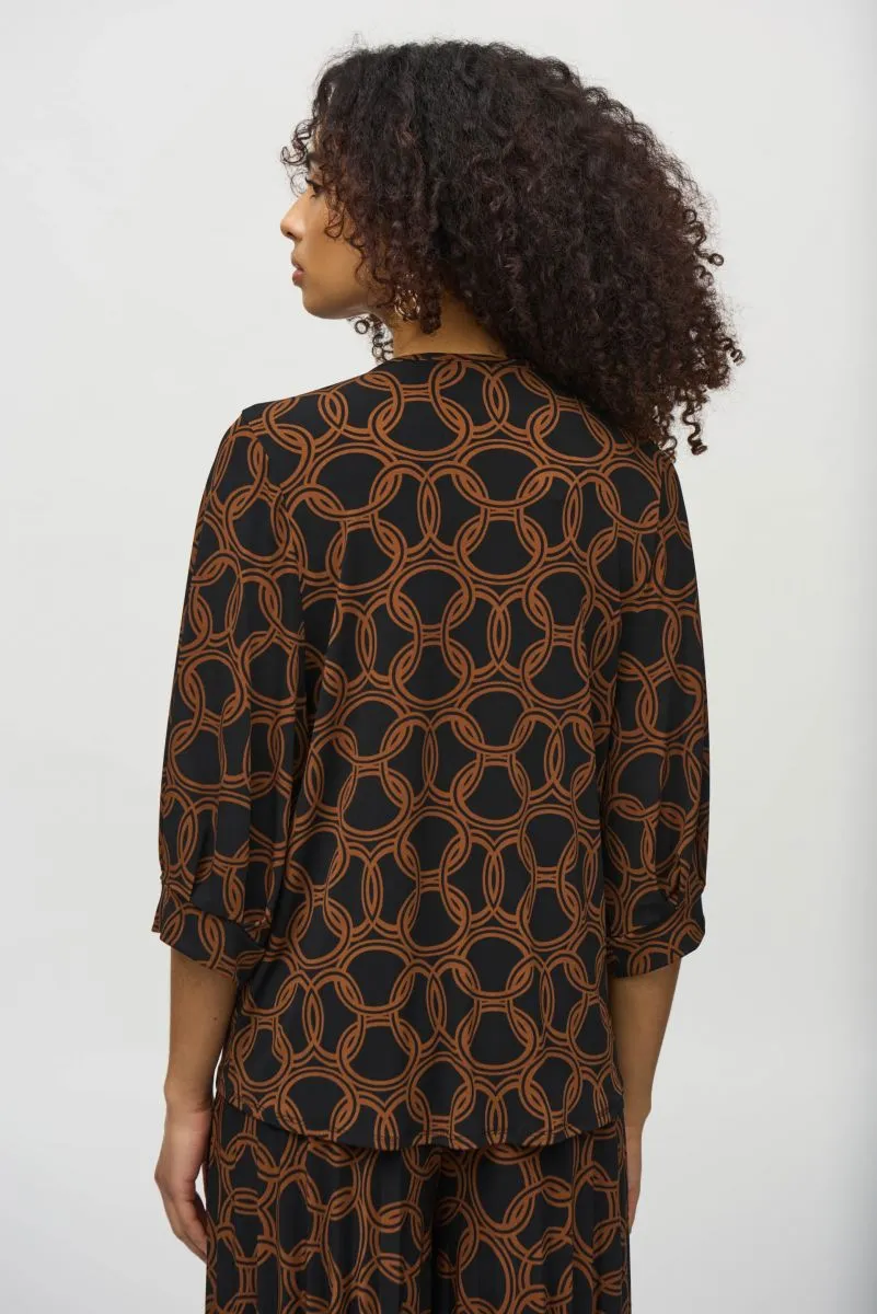 Joseph Ribkoff Black/Chestnut Chain Print Puff Sleeve Top 244080