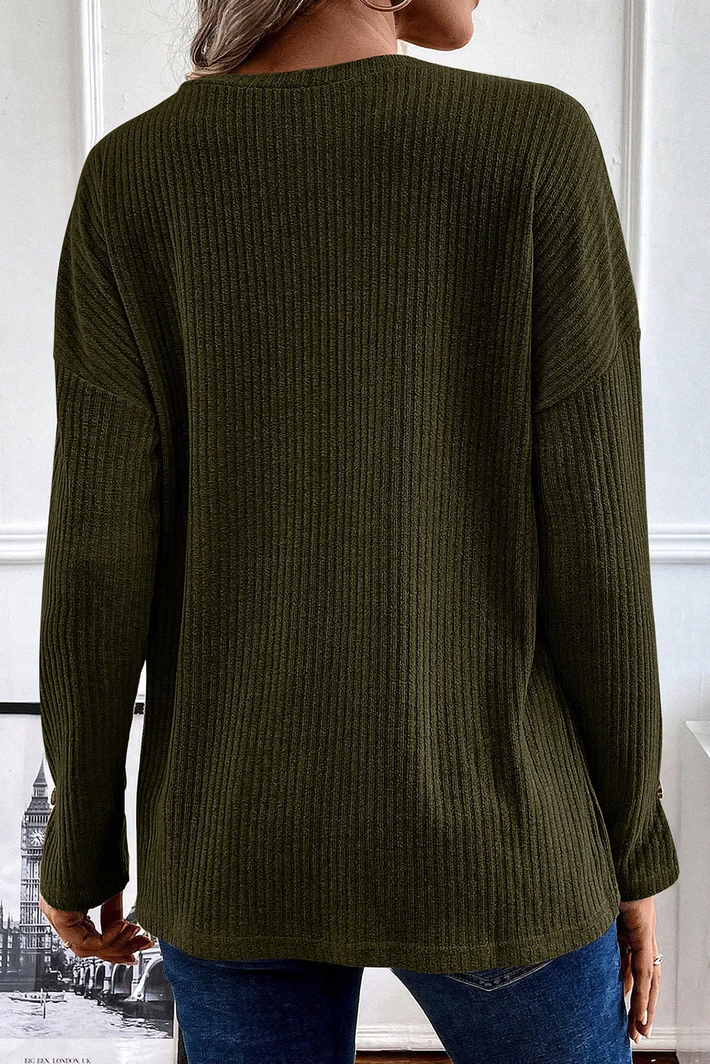Jungle Green Half Button Drop Shoulder Waffle Knit Tee