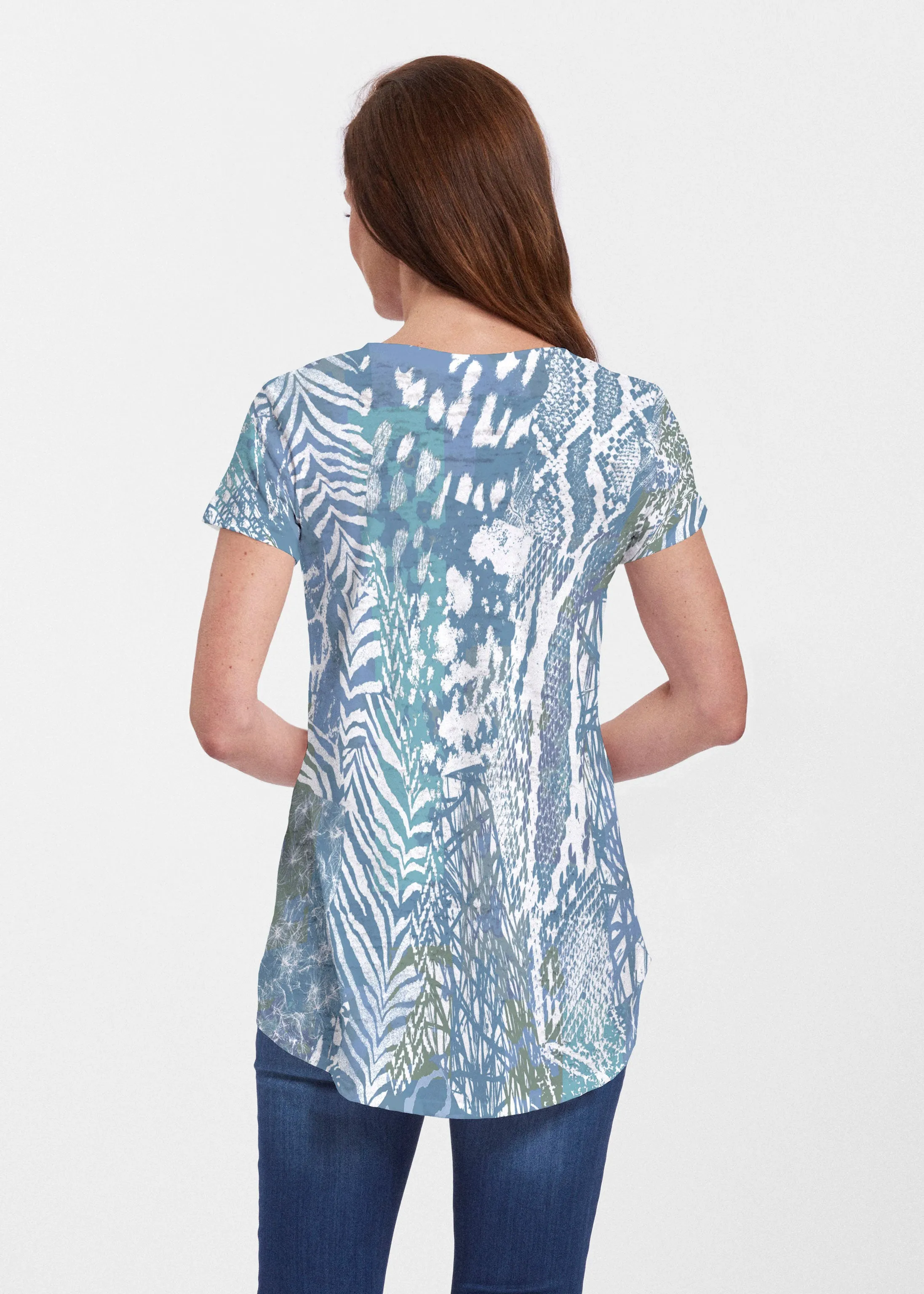Jungle Warrior Blue (7850) ~ Signature Short Sleeve Scoop Neck Flowy Tunic
