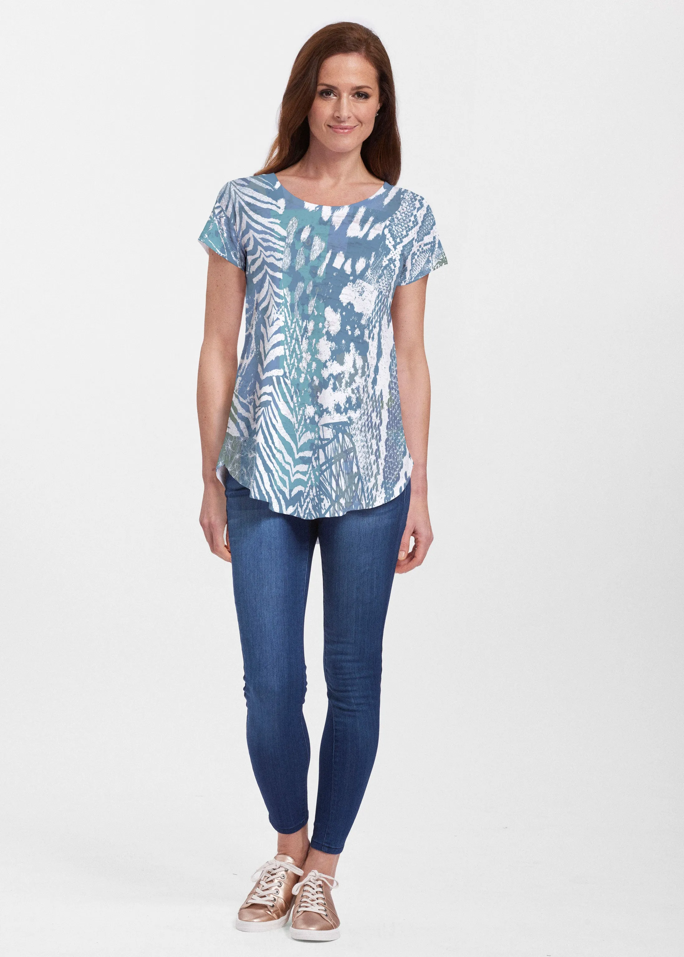 Jungle Warrior Blue (7850) ~ Signature Short Sleeve Scoop Neck Flowy Tunic