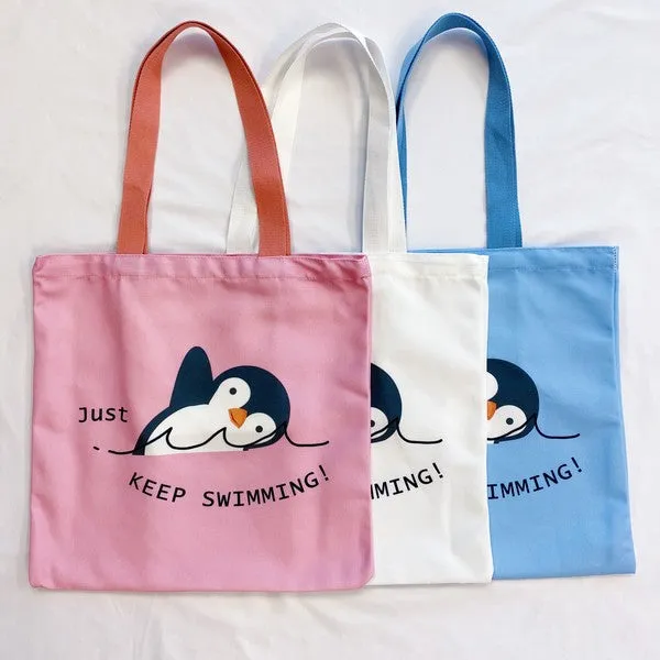 Just Keep Swimming Eco Tote Bag – Reusable Canvas Bag with Motivational Design & Interior Pocket