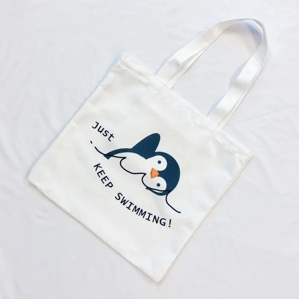 Just Keep Swimming Eco Tote Bag – Reusable Canvas Bag with Motivational Design & Interior Pocket