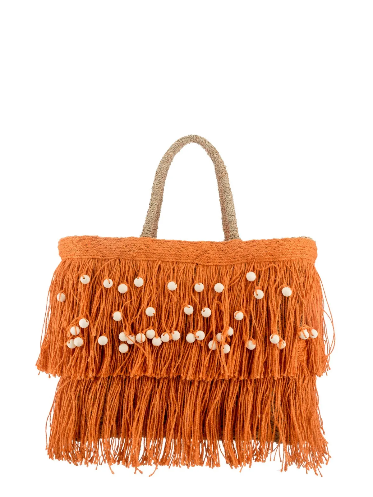 Jute Fringe Straw Tote in Orange