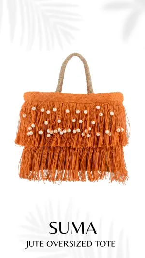 Jute Fringe Straw Tote in Orange