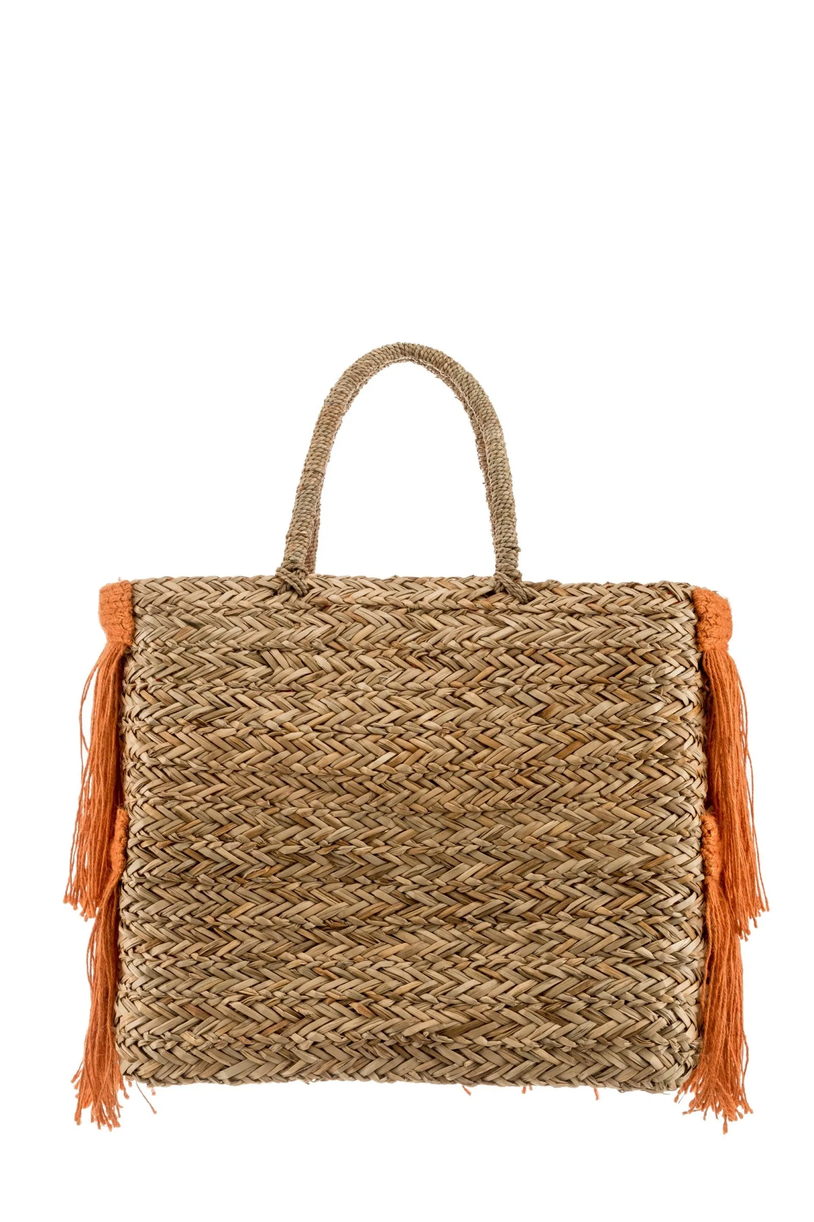 Jute Fringe Straw Tote in Orange