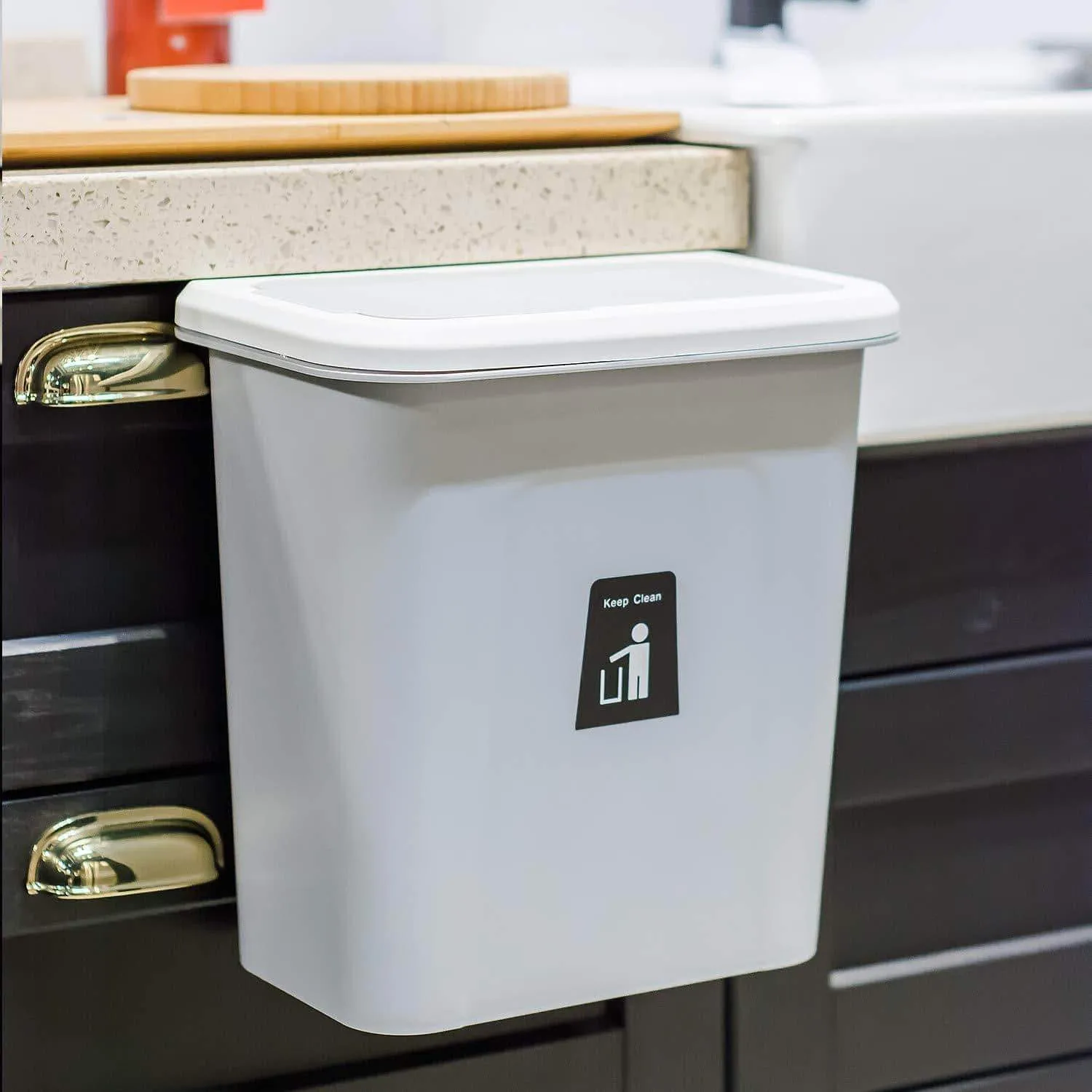KARYHOME Hanging Trash Can,Small Cabinet Kitchen Trash Can, Garbage Can for Kitchen Cupboard with Automatic Return Lid,Grey