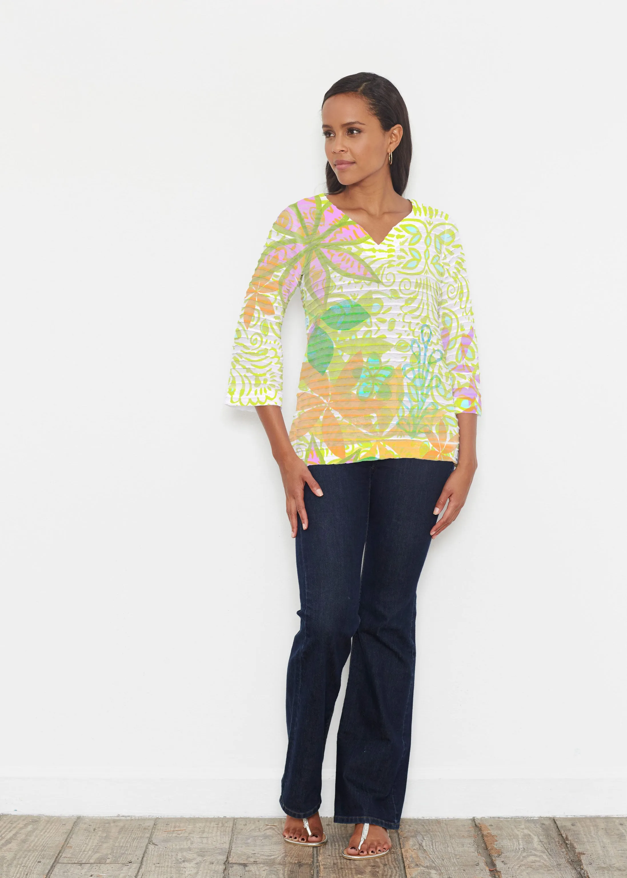 Kauai Lime (2301) ~ Banded 3/4 Bell-Sleeve V-Neck Tunic