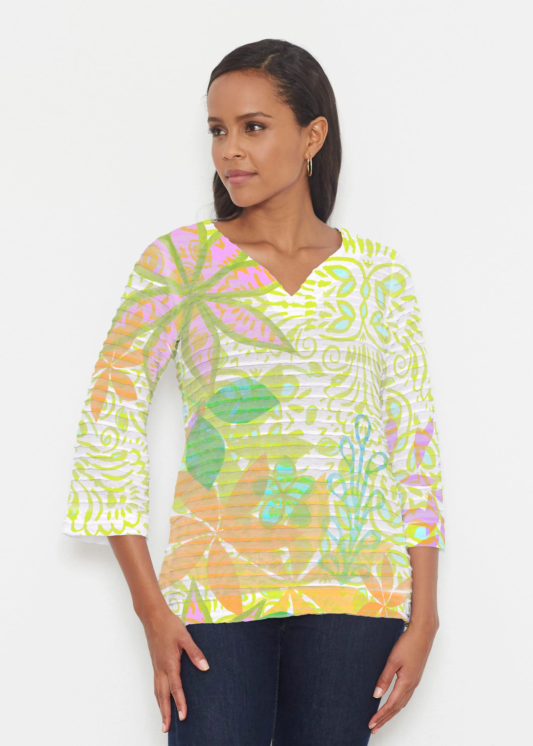 Kauai Lime (2301) ~ Banded 3/4 Bell-Sleeve V-Neck Tunic
