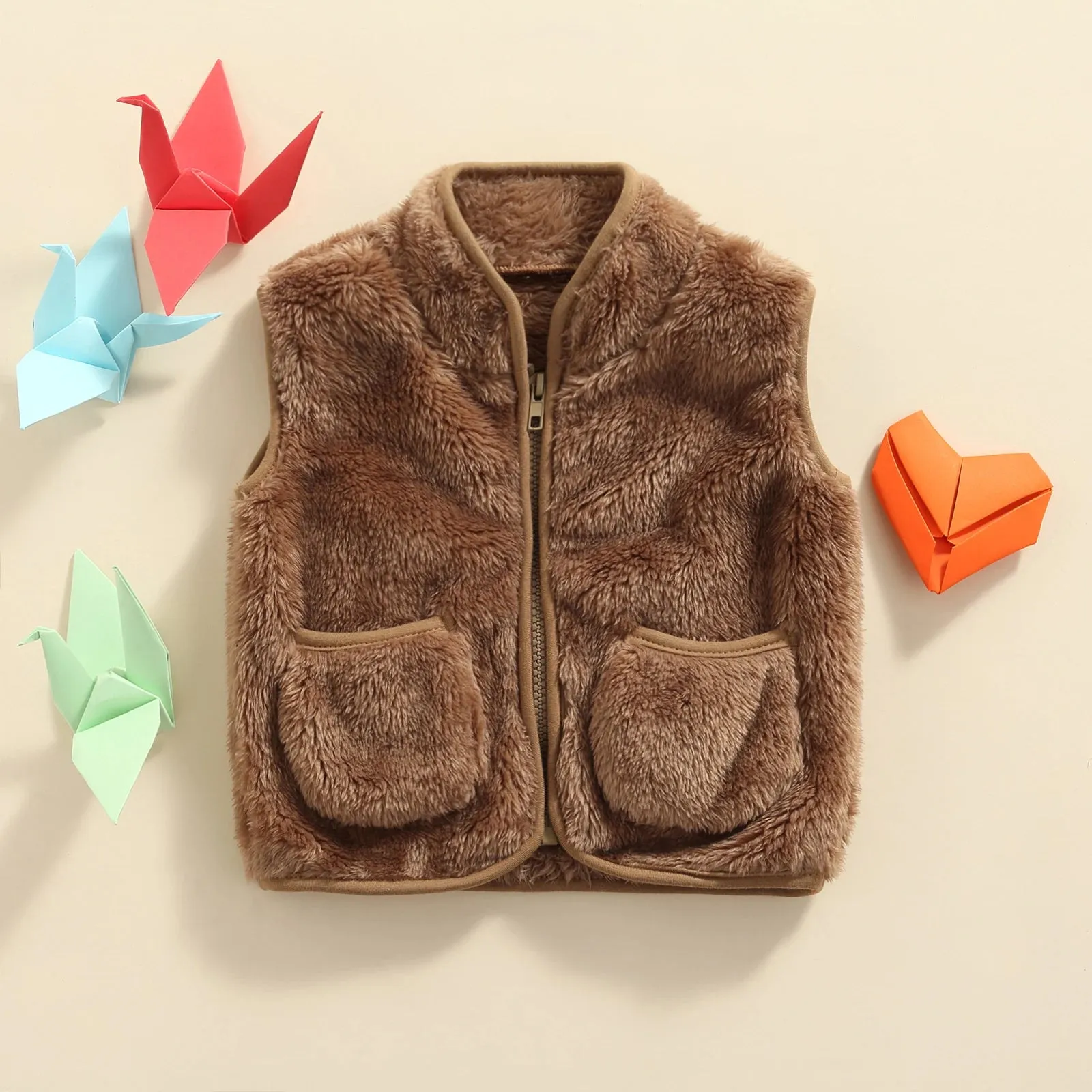 Kids Solid Color V-neck Zipper Outerwear with Pockets