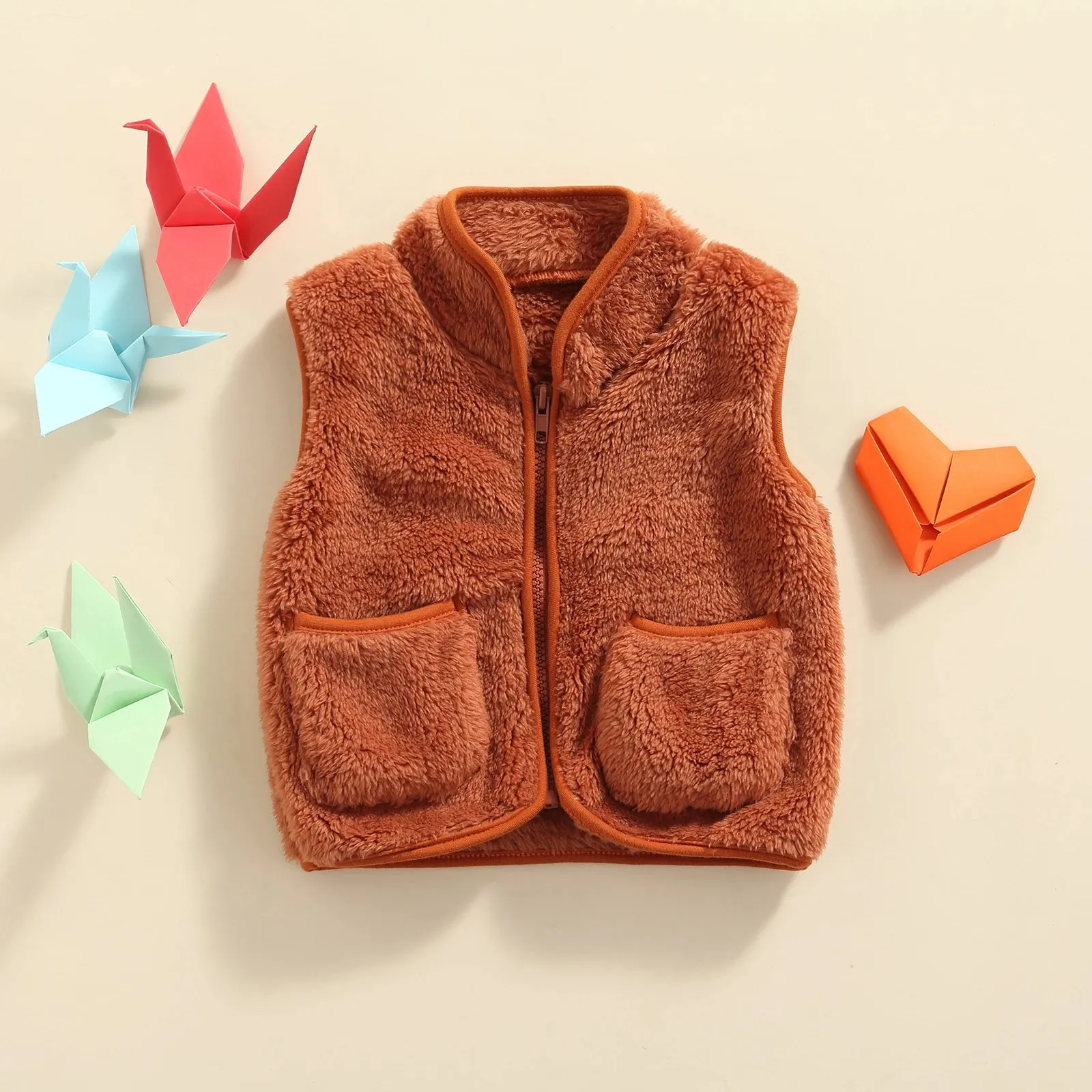 Kids Solid Color V-neck Zipper Outerwear with Pockets