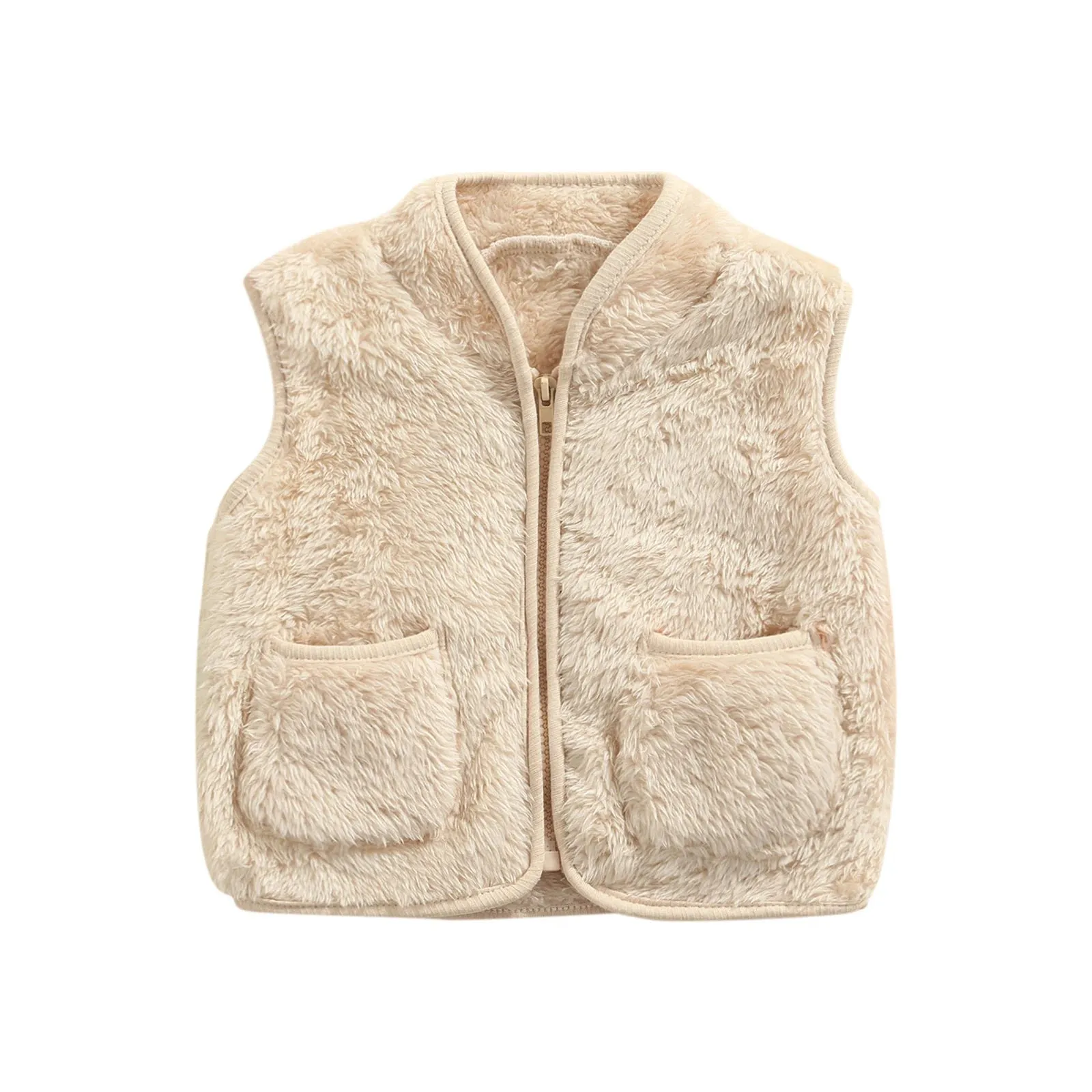 Kids Solid Color V-neck Zipper Outerwear with Pockets