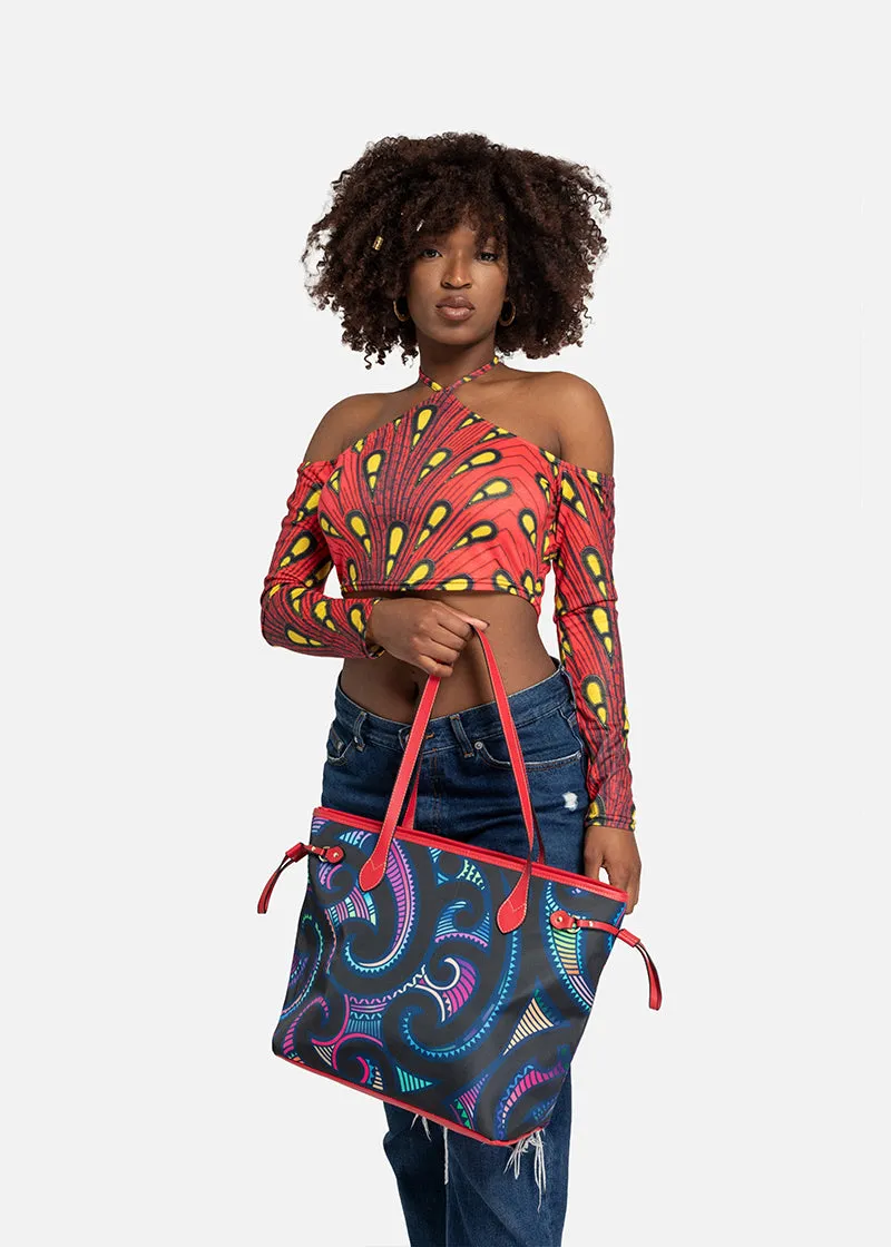 Kikelo African Print Clover Tote Bag-Red Handles