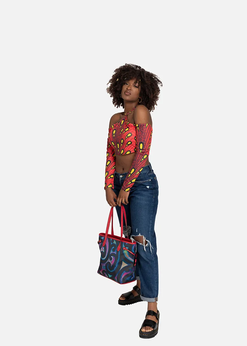 Kikelo African Print Clover Tote Bag-Red Handles