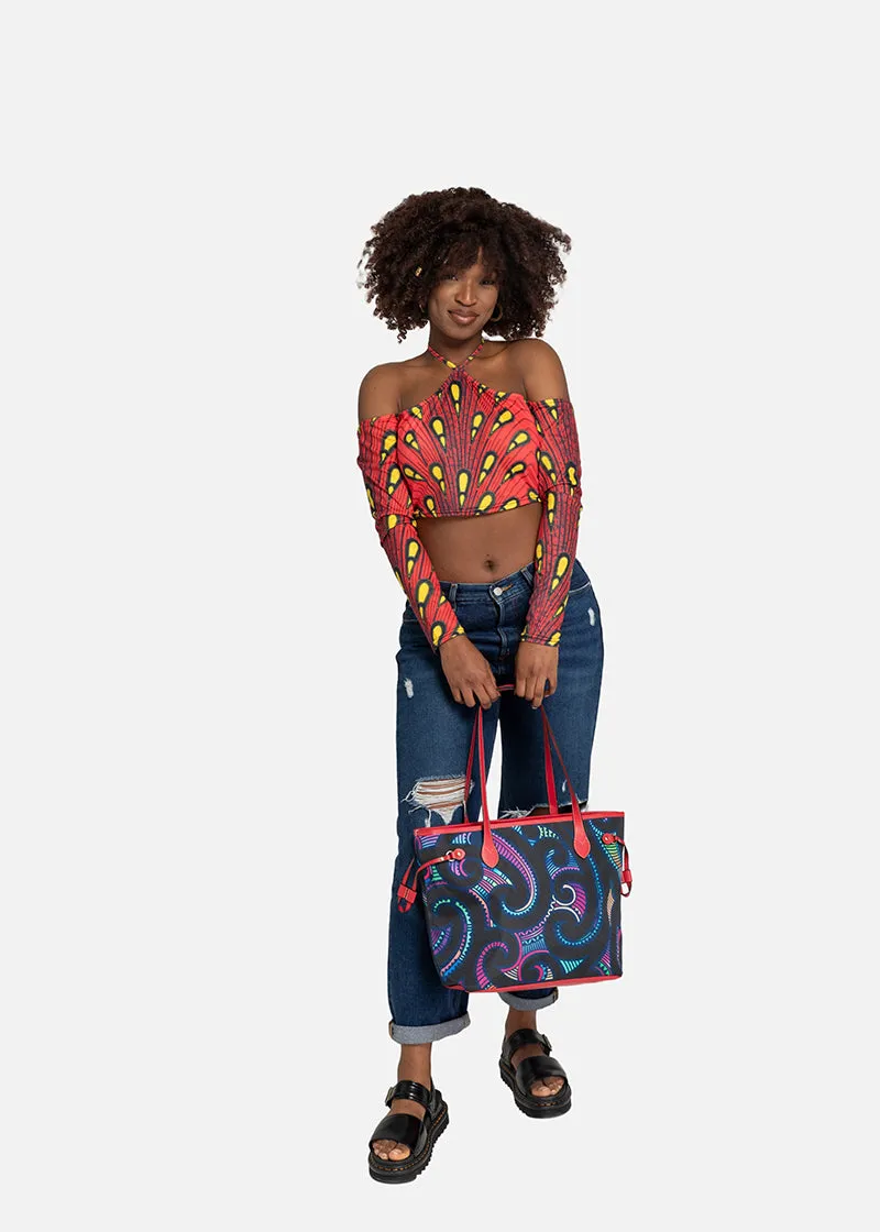 Kikelo African Print Clover Tote Bag-Red Handles
