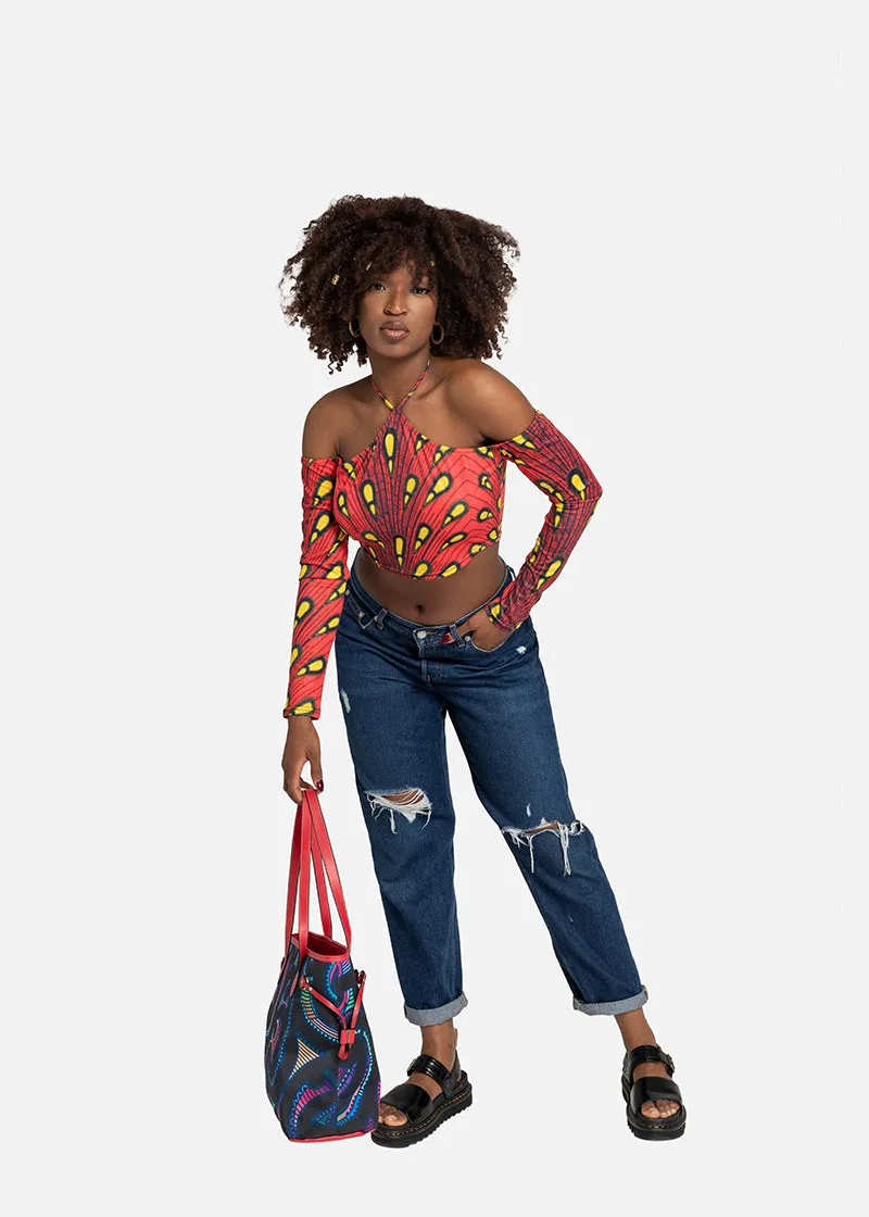 Kikelo African Print Clover Tote Bag-Red Handles