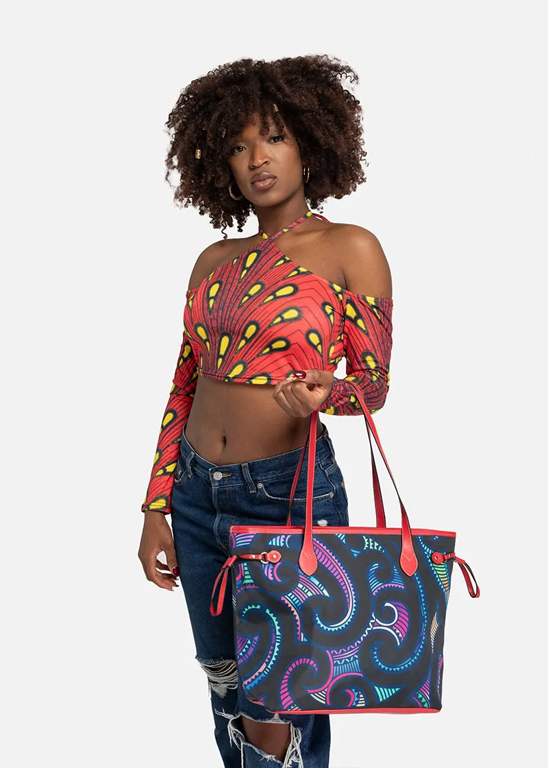 Kikelo African Print Clover Tote Bag-Red Handles