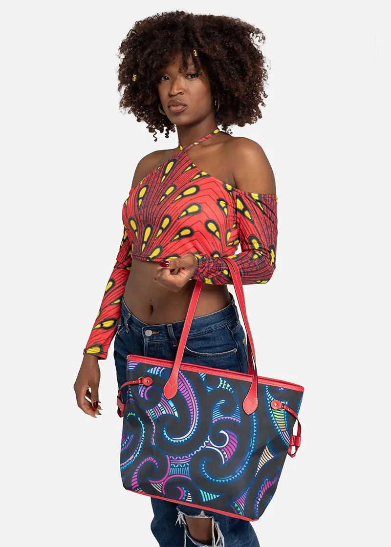 Kikelo African Print Clover Tote Bag-Red Handles