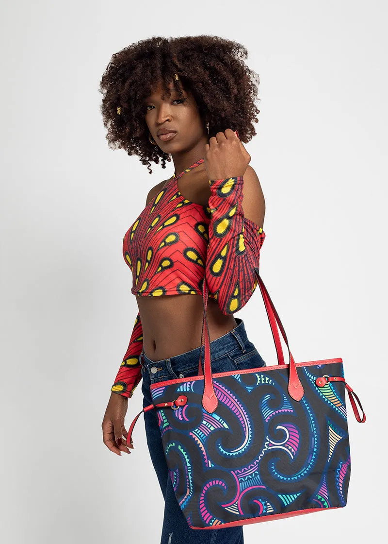 Kikelo African Print Clover Tote Bag-Red Handles