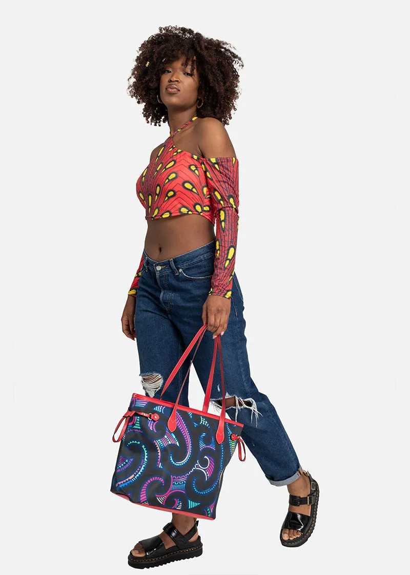 Kikelo African Print Clover Tote Bag-Red Handles