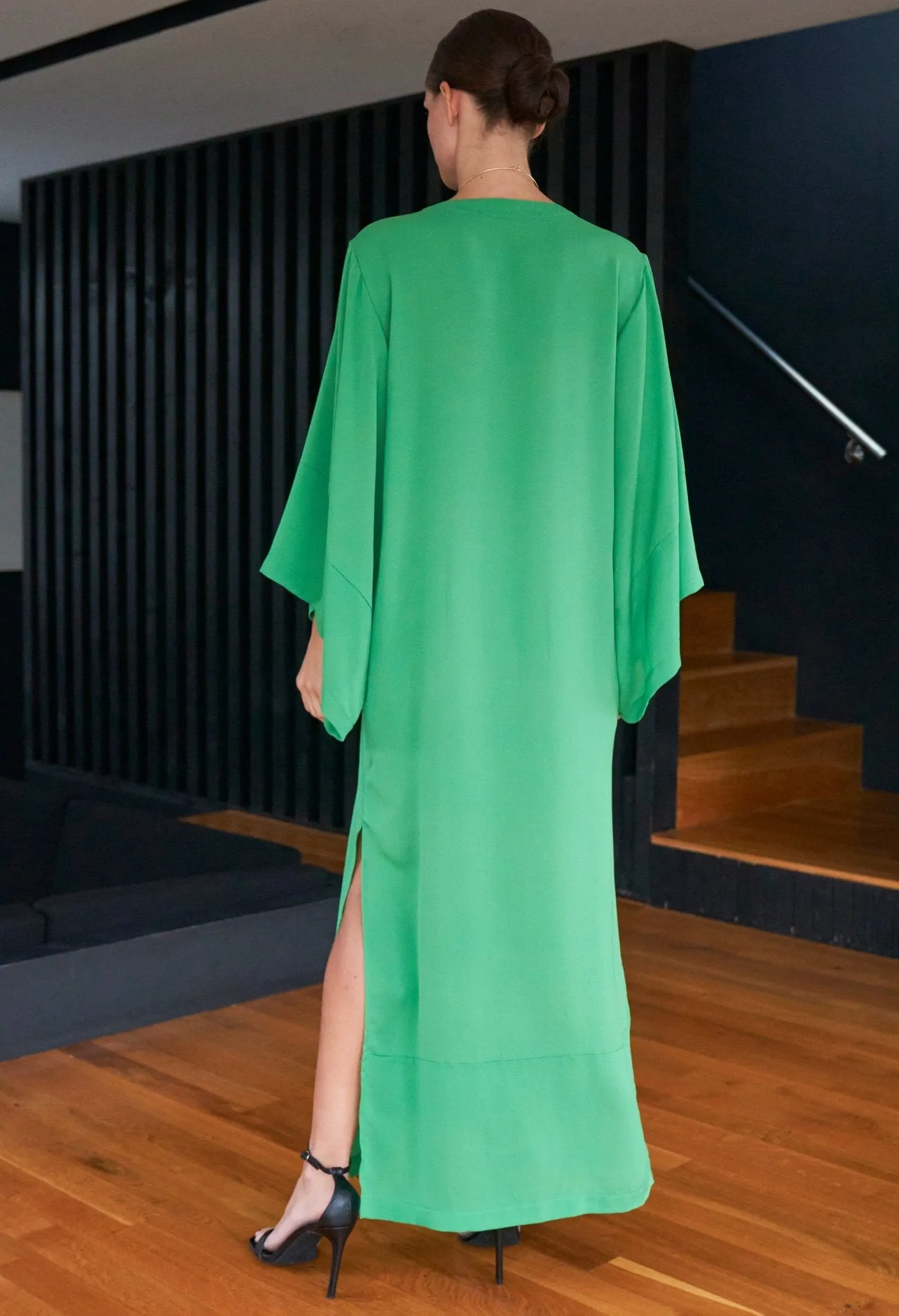 Kimono Sleeve Silk Tunic Dress with Keyhole Neckline - Green