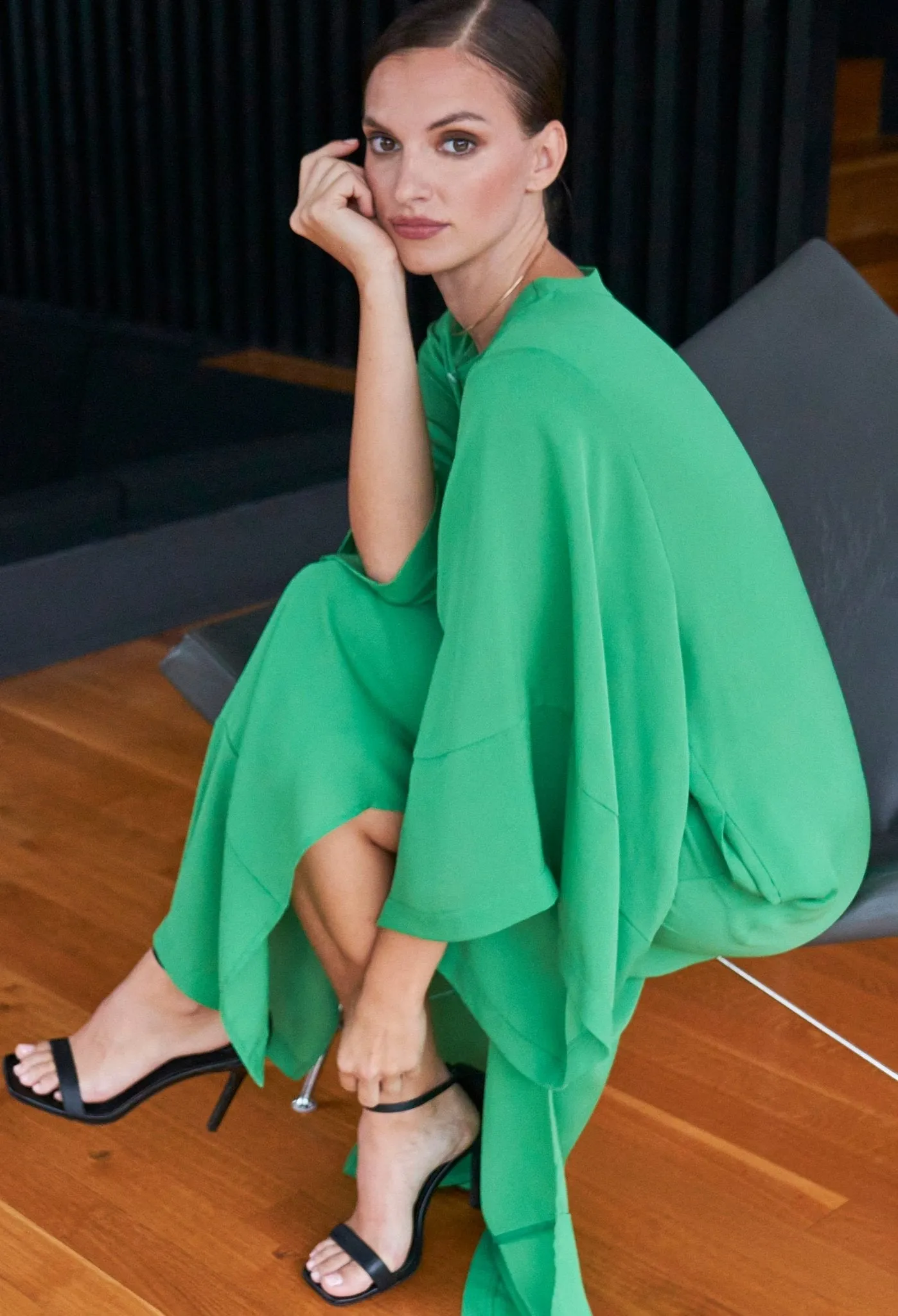 Kimono Sleeve Silk Tunic Dress with Keyhole Neckline - Green