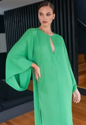Kimono Sleeve Silk Tunic Dress with Keyhole Neckline - Green